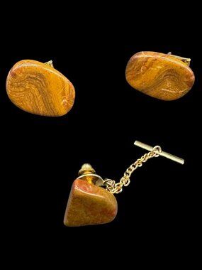 NEW Gold Tone Cuff Links and Tie Chain Pin Artisan Made Jasper Stone Brown